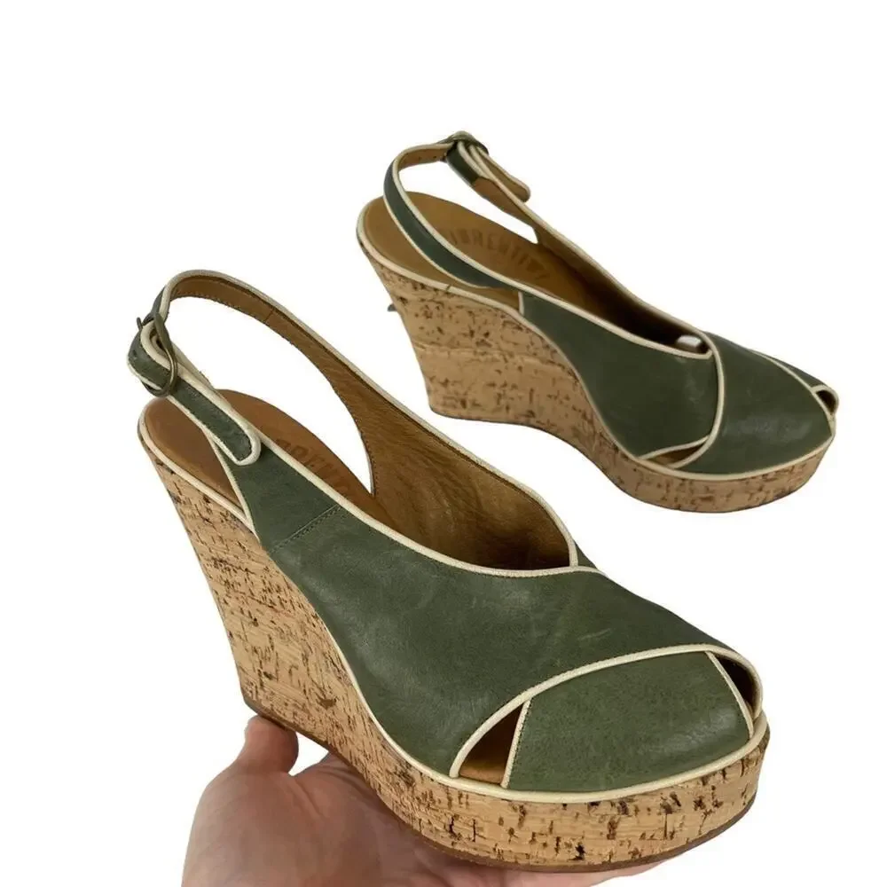 Fiorentini Baker Platform Cork Wedge Ankle Strap Green Leather Peep Toe Sandals